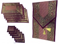 Indian Silk Table Runner with 6 Placemats & 6 Coaster in Maroon Color Size 16x62